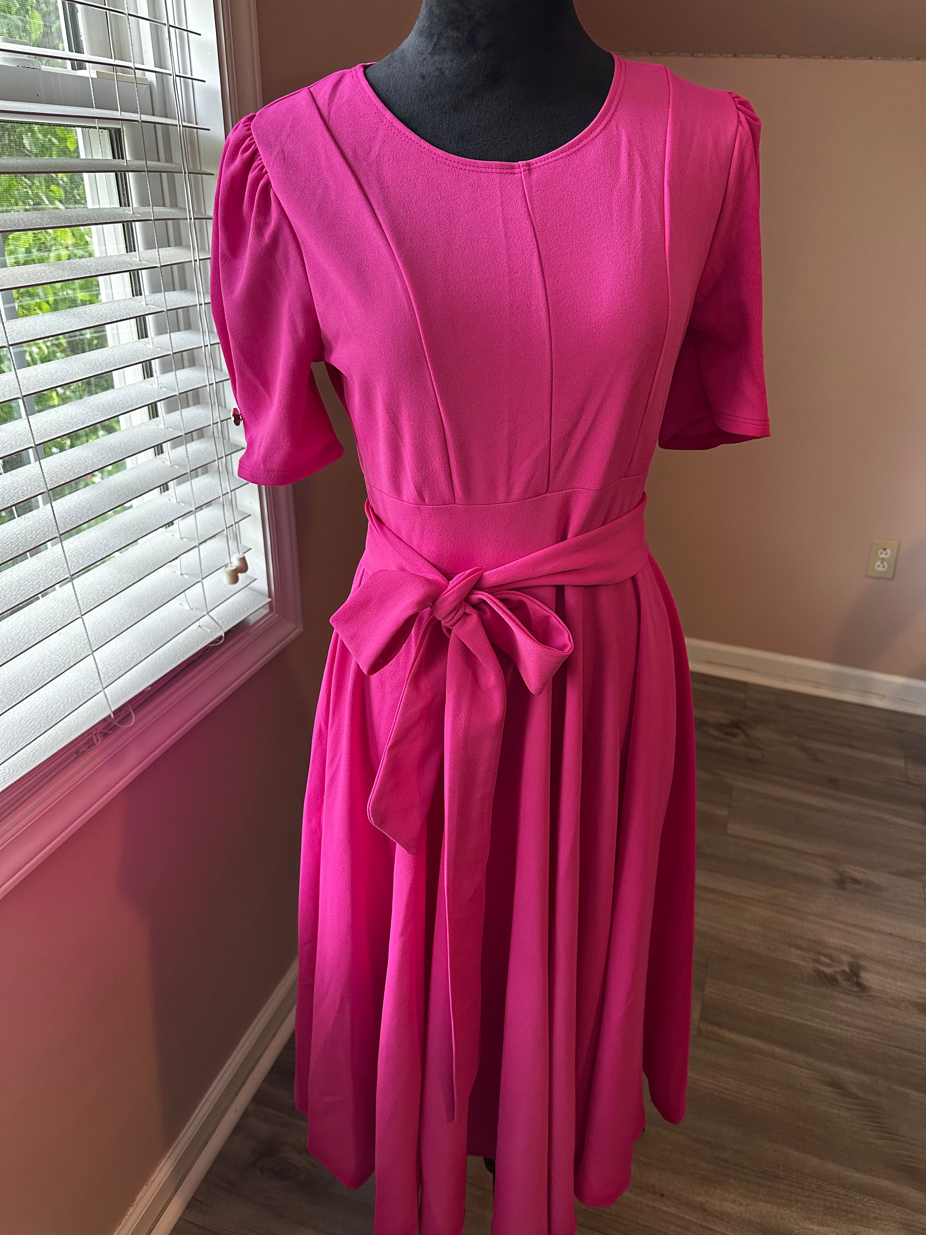 Fuchsia Puff Sleeve Crepe Dress